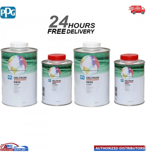 2x PPG DELTRON D800 CLEARCOAT & D802 HARDENER KIT 1.5LTR